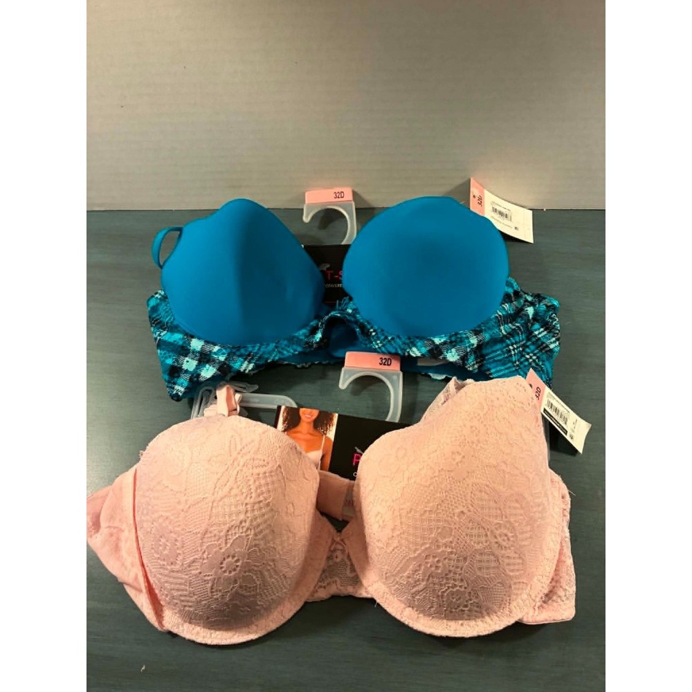 No Boundaries 32D Bra Set Pink Allover Lace Push Up Teal Plaid T-Shirt Bra NWT